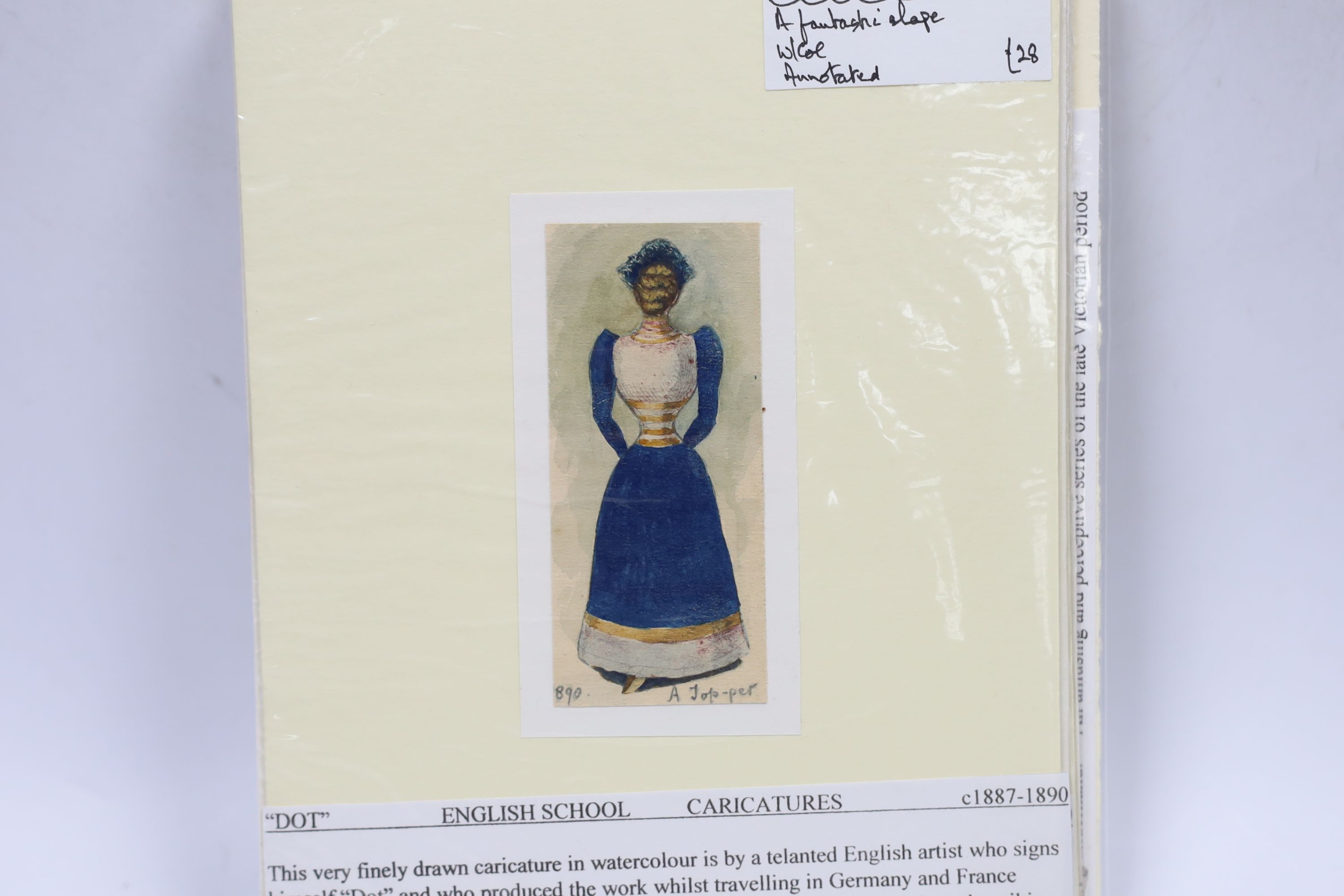 Seven 19th century English School watercolour ‘Dot’ caricatures, including ‘Taking the Aim’ and ‘German Soldier’, some dated and inscribed, each 11.5 x 6cm, unframed